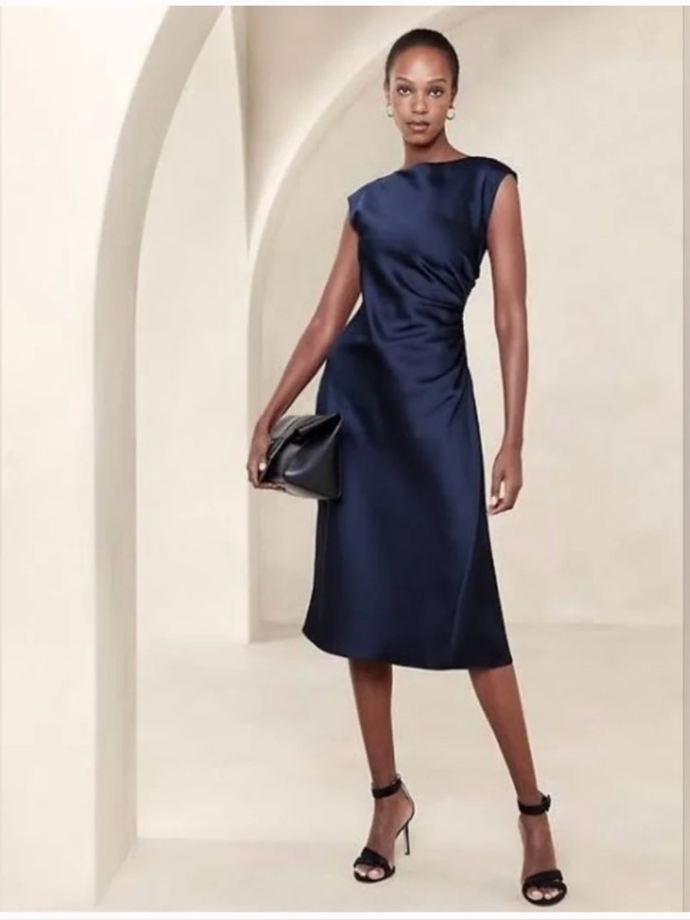 Banana Republic Elegant Navy Satin Midi Dress - Sleek Draped Side Detail
